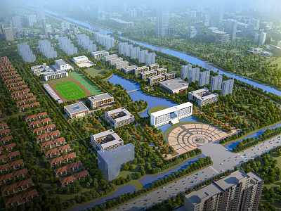 Aerial View of Modern School Campus Buildings with Green Spaces Sports Field and Lake 3d model