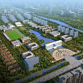 Aerial View of Modern School Campus Buildings with Green Spaces Sports Field and Lake