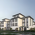 Modern Townhouse Exterior Architecture With White Facade Green Lawn And Large Windows