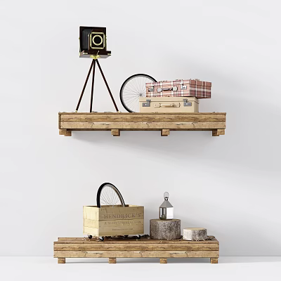 Vintage Decorative Ornament Set With Tripod Camera Bicycle Wheel Suitcases And Wooden Shelves 3d model