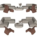 Modern Light Beige Sofa And Round Coffee Table Set With Decorative Plant And Armchairs