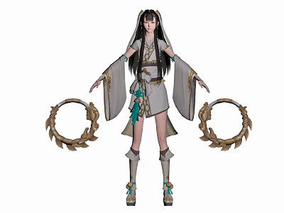 Elegant Female Character With Long Hair In Traditional Outfit And Dragon Decorated Rings 3d model