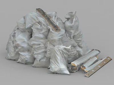 Pile of White Sacks with Metal Bars and Construction Materials 3d model