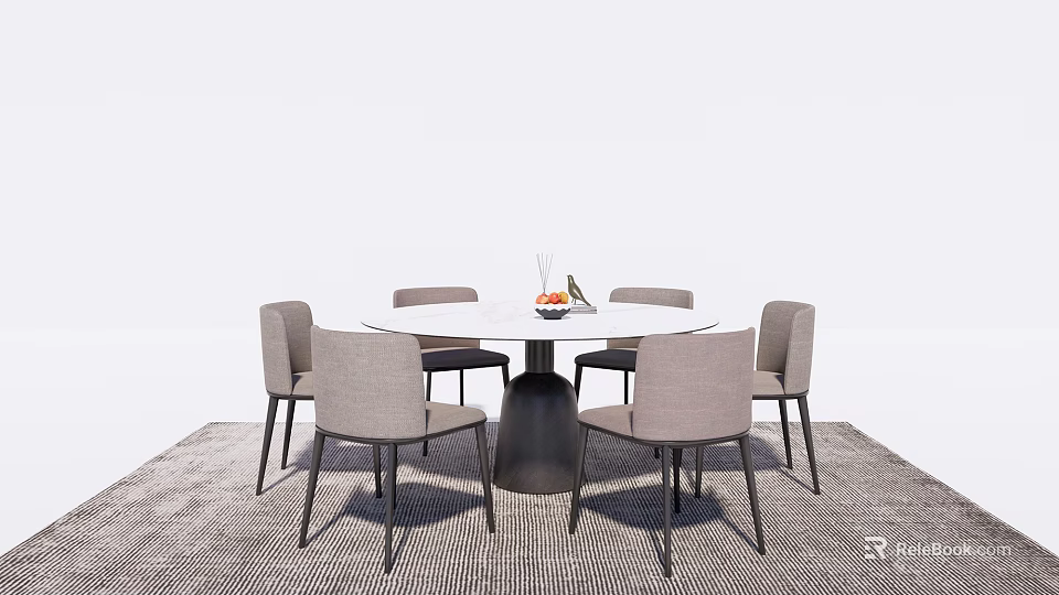 Round Dining Table Set With Light Gray Chairs White Tabletop Black Base And Gray Rug 3d model