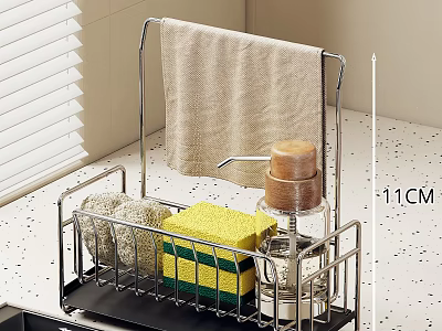 Stainless Steel Kitchen Storage Rack With Towel Sponge And Bottle On Countertop 11CM Size 3d model