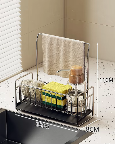 Stainless Steel Kitchen Storage Rack With Towel Sponge And Bottle On Countertop 11CM Size 3d model