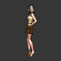 Stylish Female Character in Yellow Top and Plaid Skirt with Short Hair and High Heels