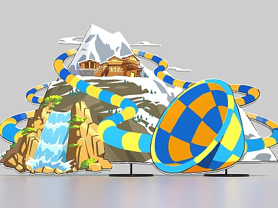 Blue And Yellow Checkered Slide With Snowy Mountain Log Cabin Waterfall And Rocks 3d model