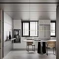 Modern Kitchen Interior With White Cabinets Island Dining Table Chairs Windows Shutters And Pendant Light
