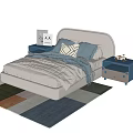 Colorful Kids Bed With Upholstered Headboard Blue Gray Bedding Dark Nightstands And Multicolored Patchwork Rug