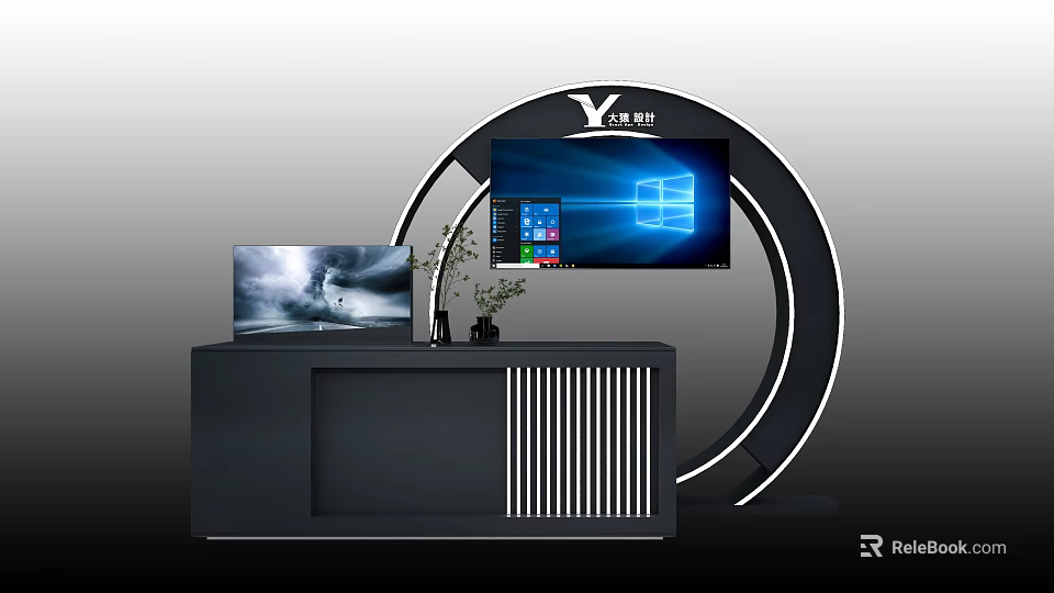 Other Tech Display Setup With Monitors On Black Cabinet Circular Background And Decorative Plants 3d model