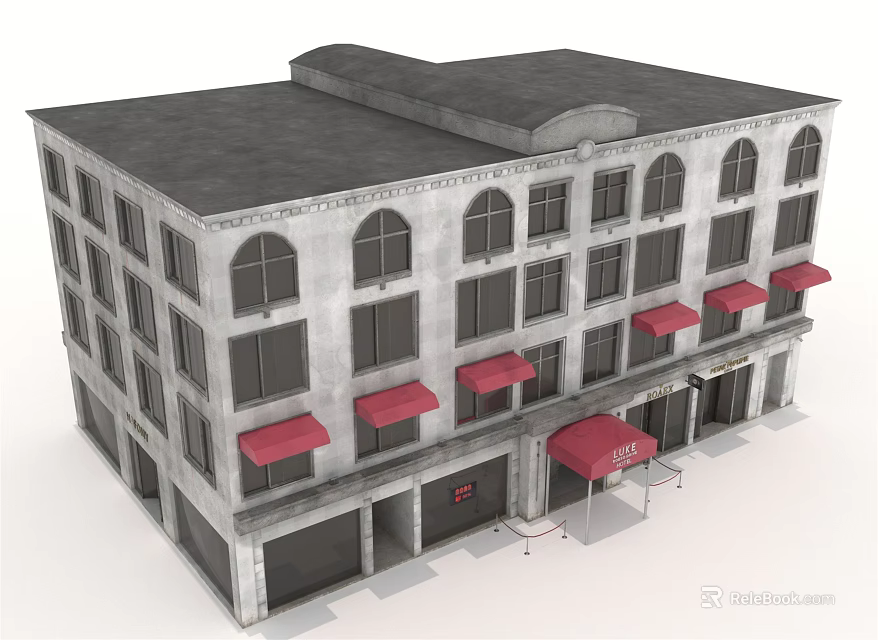 Hotel Building With Gray Exterior Arched Windows And Red Awnings On Ground Floor 3d model 