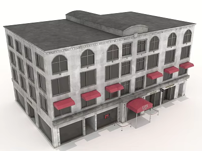Hotel Building With Gray Exterior Arched Windows And Red Awnings On Ground Floor 3d model