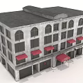 Hotel Building With Gray Exterior Arched Windows And Red Awnings On Ground Floor