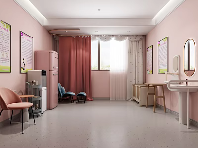 Pink Store Interior With Walls Posters Pink Refrigerator Red Curtains Window Mirror Sink Chairs Stools 3d model