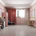 Pink Store Interior With Walls Posters Pink Refrigerator Red Curtains Window Mirror Sink Chairs Stools