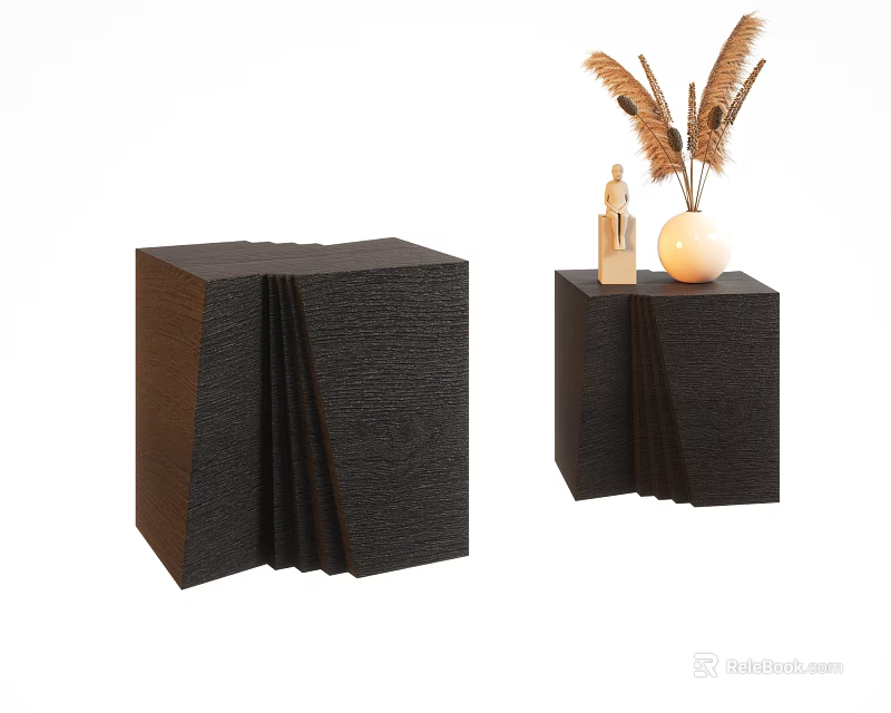 Two Black Textured Side Tables With Feather Vase And Statue Decoration 3d model