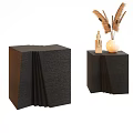 Two Black Textured Side Tables With Feather Vase And Statue Decoration 3d model