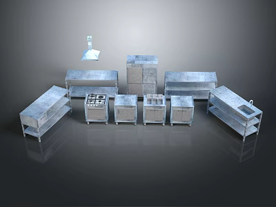 Stainless Steel Commercial Kitchen Appliances With Cabinets Stove Hood And Shelves 3d model