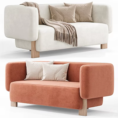 Cream White and Orange Two Seater Sofa with Pillows Blanket and Wooden Legs 3d model