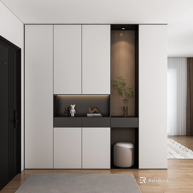 Modern Shoe Cabinet Interior With White Storage Cabinets Shelf Decorative Plants And Stool 3d model 