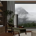 Leisure Sofa Set With Cozy Armchair Floor Lamp Green Plant And Mountain View