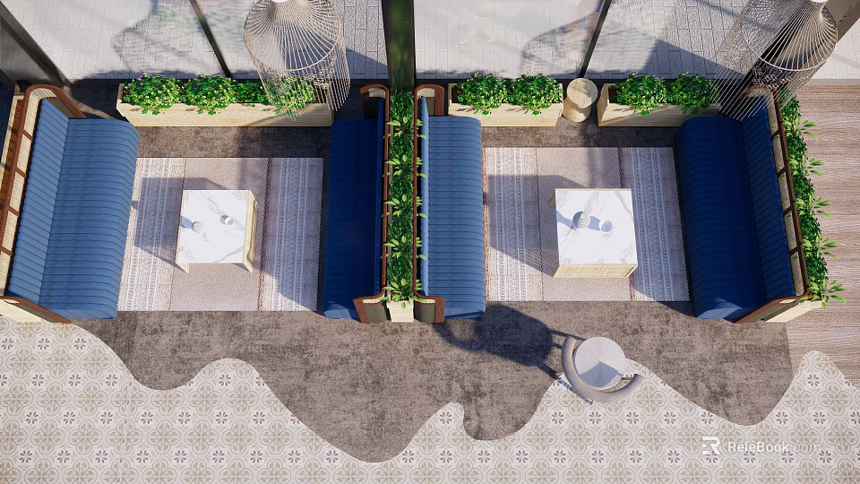 Modern Outdoor Public Chair With Blue Seats Green Plants And Square Tables On Paved Floor 3d model 