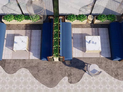 Modern Outdoor Public Chair With Blue Seats Green Plants And Square Tables On Paved Floor 3d model