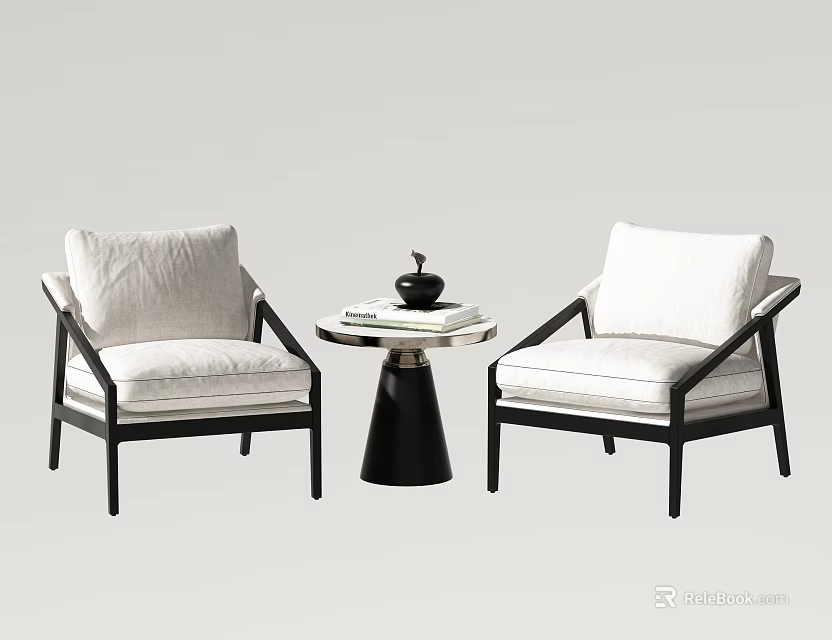 Casual Sofa Set Featuring Two Armchairs White Cushions Black Frame And Side Table 3d model