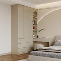 Modern Paneled Wardrobe Interior With Neutral Tones Dressing Table Mirror Shelves And Decorative Drawers
