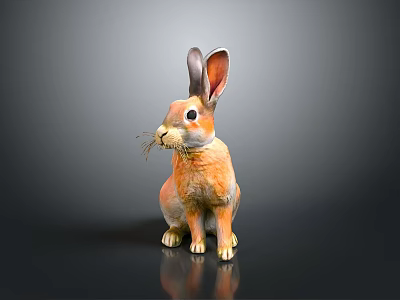 Orange Brown Rabbit Figurine With Large Ears Whiskers Sitting On Shiny Black Background 3d model
