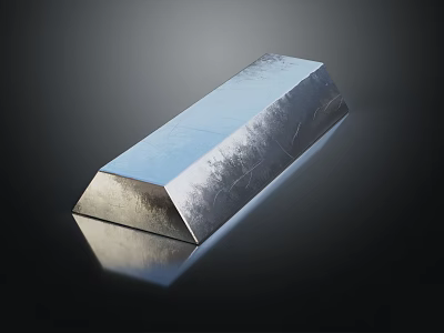 Silver Block Shaped Decorative Ornament Set with Textured Surface Reflection on Black Background 3d model