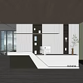 Modern Reception Desk Interior With Wooden Ceiling White Counter And Decorative Plants