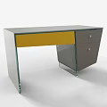 Modern Office Desk with Yellow Drawer Gray Cabinet and Glass Top