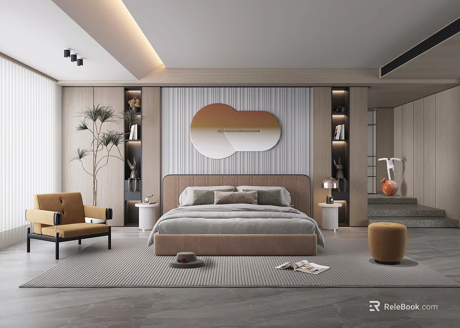 Modern Bedroom With Upholstered Bed Circular Gradient Mirror Yellow Armchair Wooden Paneling And Gray Rug 3d model 
