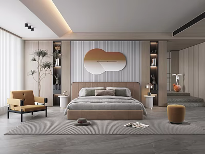 Modern Bedroom With Upholstered Bed Circular Gradient Mirror Yellow Armchair Wooden Paneling And Gray Rug 3d model
