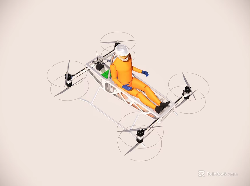 Person In Orange Suit Riding Multi Rotor Flying Vehicle With Propellers 3d model 
