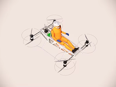 Person In Orange Suit Riding Multi Rotor Flying Vehicle With Propellers 3d model