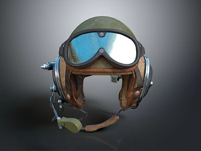 Vintage Green Pilot Helmet With Leather Ear Cups And Aviator Goggles 3d model