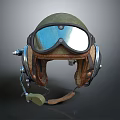Vintage Green Pilot Helmet With Leather Ear Cups And Aviator Goggles