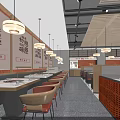 Modern Mall Restaurant Interior With Orange Walls Wooden Counter Hanging Lights Tables And Chairs