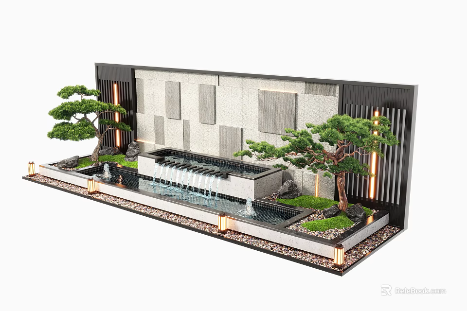 Modern Garden Feature Wall with Waterfall Pine Trees Green Plants and Lighting 3d model 