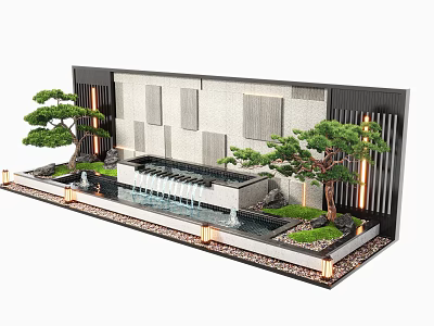 Modern Garden Feature Wall with Waterfall Pine Trees Green Plants and Lighting 3d model