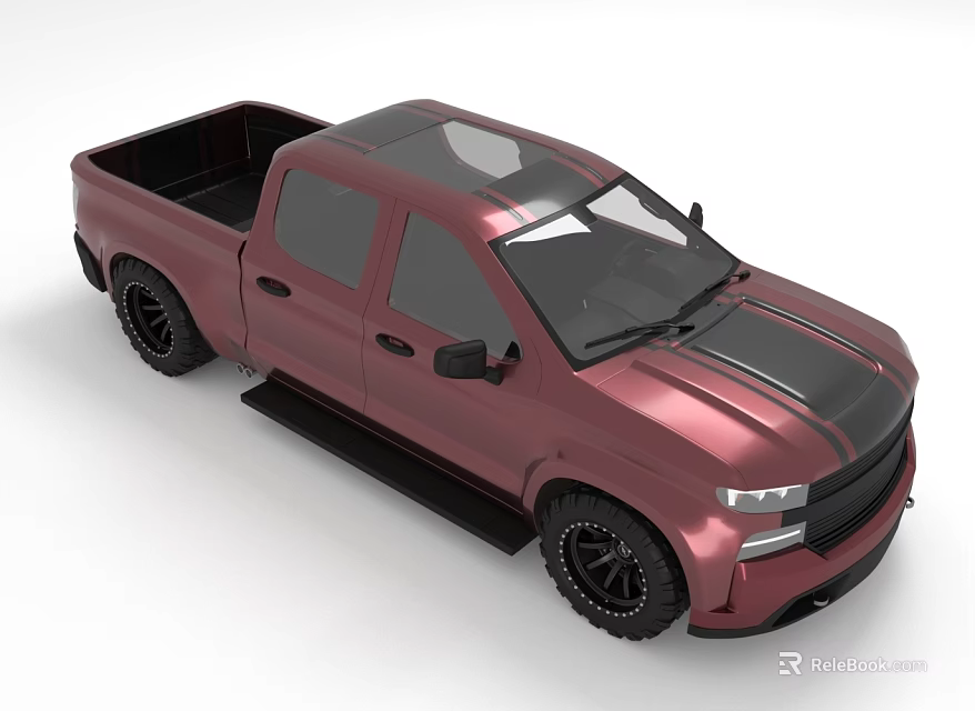 Burgundy Double Cab Pickup Truck with Black Roof Stripes Wheels and Running Boards 3d model 