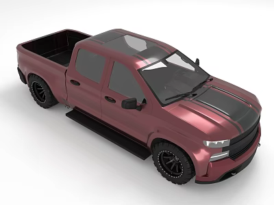 Burgundy Double Cab Pickup Truck with Black Roof Stripes Wheels and Running Boards 3d model