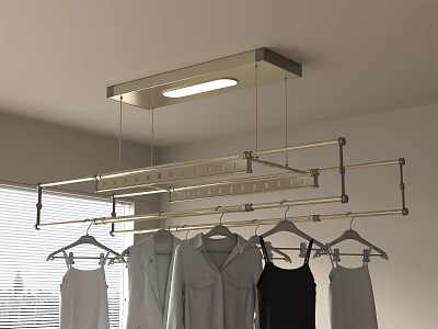 Ceiling Mounted Clothes Drying Rack With Hanging Clothes In Room 3d model