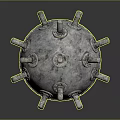 Industrial Mechanical Equipment Featuring Silver Metal Sphere With Protruding Components And Chain