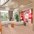 Modern Community Reception Area With Wooden Ceiling White Counter Blue Chairs And Lawn View Windows