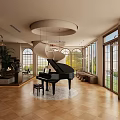 Cozy Café Interior With Chandeliers Piano Bar Stools Plants Large Windows And Wooden Decor