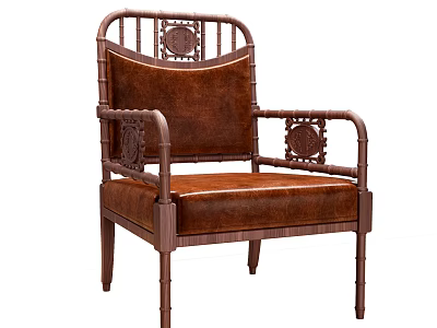 Traditional Wooden Armchair With Intricate Carved Details And Brown Leather Upholstery 3d model